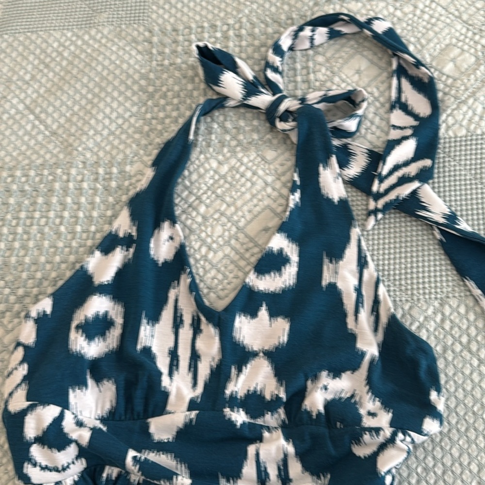 Teal and White Tribal Patterned Halter Maxi Dress